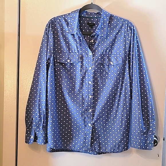 Talbots Blue & White Polka Dot Button Up Dress Shirt with Pockets - Large - Picture 1 of 7